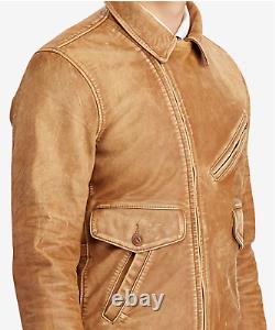 Polo Ralph Lauren Mens Distressed Leather Newsboy Beige Biker Moto Jacket NWT