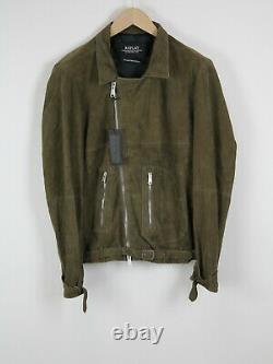 REPLAY MEDIUM Men Jacket Motorcycle Lined Goatskin Leather Suede Belted Olive