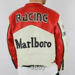Red and White Men's Rare Marlboro Formula Racing McQueen Leather Jacket biker