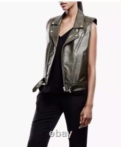 Theory SAMISON Sleeveless Leather Moto Jacket in Green Size P $855