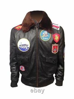 Tom Cruise Top Gun A2 Jet Fighter Bomber Real Leather Jacket Real Fur Brown New