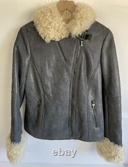 Tory Burch Metallic Leather Shearling Jacket Blue/Gray Size 10