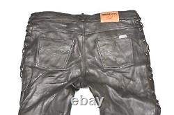 VANUCCI Men's Leather Lace Up Biker Motorcycle Black Trousers Pants Size W38 L35