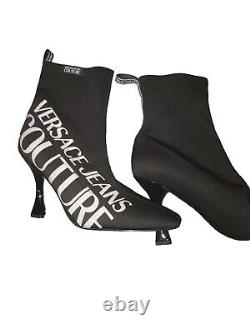 Versace Jeans Couture Black High Heel Signature Print Ankle Boots