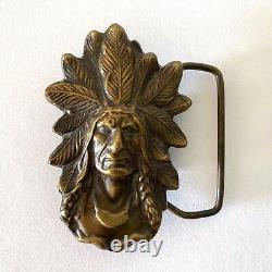 Vintage 1974 Brass Native American Style Indian Head Bergamot Brass Works Buckle