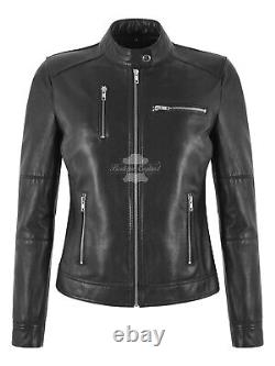 Woman's Biker Style Black Real Leather Casual Multiple Zip Pocket Fashion Jacket