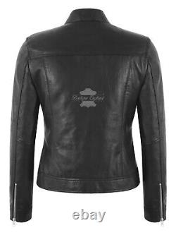 Woman's Biker Style Black Real Leather Casual Multiple Zip Pocket Fashion Jacket