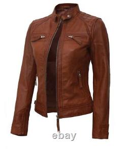 Women Ladies Diamond Biker Motorcycle Brown Cafe Racer Real Leather Jacket