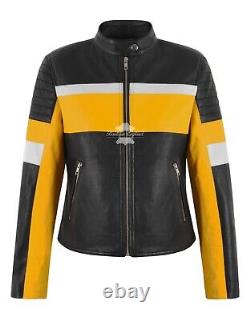 Women's Racing Leather Jacket Black Yellow Classic Fashion Biker Style Jacket