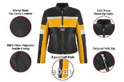 Women's Racing Leather Jacket Black Yellow Classic Fashion Biker Style Jacket