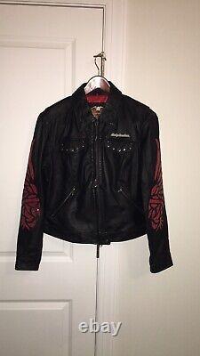 Womens Black Harley Davidson SANTA CRUZ Leather Jacket Elaborate Eagle On Arms L