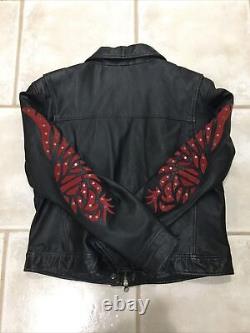 Womens Black Harley Davidson SANTA CRUZ Leather Jacket Elaborate Eagle On Arms L