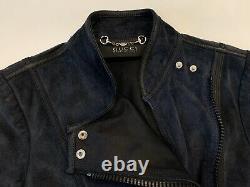 Womens Gucci Tom Ford Era Suede Leather Jacket Biker Motorcycle Blue Sz S
