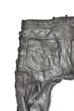 ZME Lace Up Men's Leather Biker Motorcycle Black Trousers Pants Size W32 L29