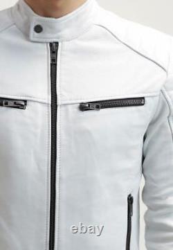 Dernière veste en cuir d'agneau pour hommes, veste de motard blanche douce et ajustée.