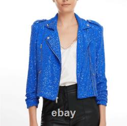 Génération Amour Veste Moto à Sequins Whitney Bleu Cobalt Taille S