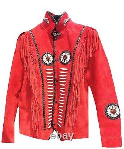 Homme Western Veste Suede Indo-american Cowboy Fringes Red Indian Veste D'équitation