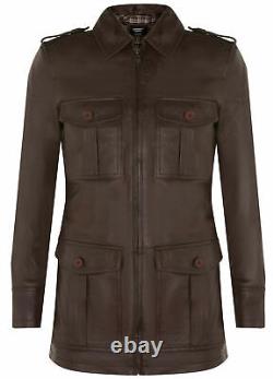 Manteau Parka en cuir marron pour hommes Safari Casual avec plusieurs poches et col trench Reefer