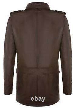 Manteau Parka en cuir marron pour hommes Safari Casual avec plusieurs poches et col trench Reefer