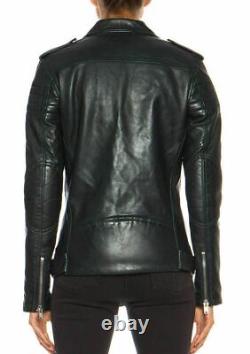 Nouvelle veste en cuir de motard noire pour femmes en agneau véritable, coupe ajustée.