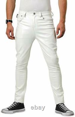 Pantalon de motard en cuir d'agneau véritable pour homme style jeans à 5 poches blancs