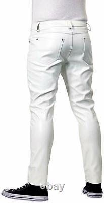 Pantalon de motard en cuir d'agneau véritable pour homme style jeans à 5 poches blancs