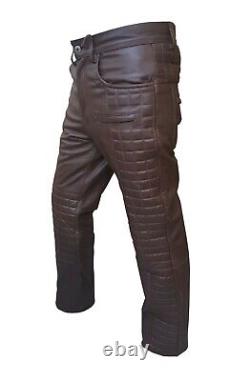 Pantalons De Motards Pour Hommes Real Brown Leather Quilted Design Motorcycle Jeans Trouser