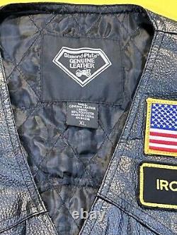 Plaque de diamant, gilet de motard en cuir de buffle noir avec patchs militaires pour vétérans vintage