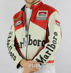 Rouge Et Blanc Homme Rare Marlboro Formula Racing Mcqueen Leather Jacket Biker