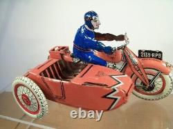 TRÈS BELLE MOTOCYCLETTE EN TÔLE ET SIDECAR (SFA PARIS) (ANNÉES 1940/50) (ÉTAT TRÈS PROCHE DU NEUF)