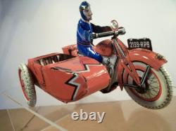 TRÈS BELLE MOTOCYCLETTE EN TÔLE ET SIDECAR (SFA PARIS) (ANNÉES 1940/50) (ÉTAT TRÈS PROCHE DU NEUF)