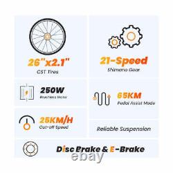 Vélo électrique tout-terrain moteur 250W autonomie 65km 21 vitesses frein à disque IPX4 noir
