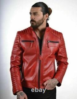 Véritable veste en cuir d'agneau souple décontractée et élégante pour homme en rouge style motard moto.