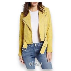 Veste Blank NYC pour femmes S Jaune en cuir suédé Moto à fermeture éclair colorée brillante