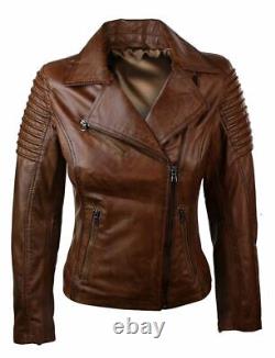 Veste de motard en cuir véritable brun ajustée pour femme