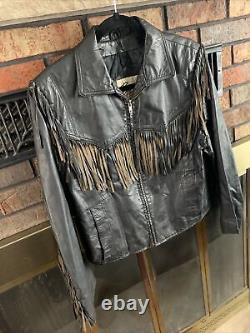 Veste de motard en cuir vintage Bermans pour femme taille 16 avec franges, noire