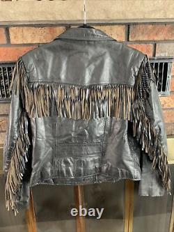 Veste de motard en cuir vintage Bermans pour femme taille 16 avec franges, noire