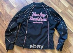 Veste de moto Harley-Davidson pour femmes noire et rose en softshell à fermeture éclair avant, taille XL