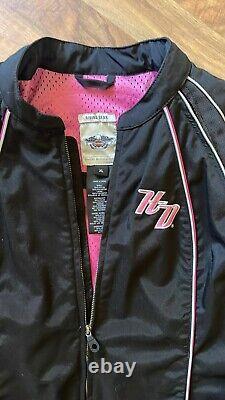 Veste de moto Harley-Davidson pour femmes noire et rose en softshell à fermeture éclair avant, taille XL
