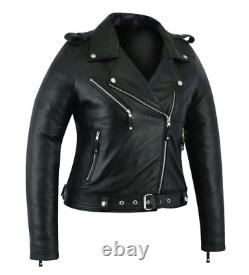 Veste de moto classique en cuir de mouton véritable pour femmes, couleur noire