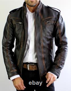 Veste de moto en cuir véritable noir vieilli pour homme, style biker vintage café racer