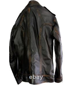 Veste de moto en cuir véritable noir vieilli pour homme, style biker vintage café racer