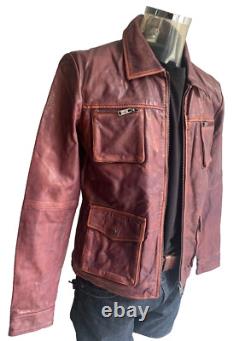 Veste de moto pour hommes en cuir véritable poli bourgogne, taille M, neuve.