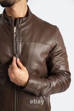 Veste en cuir brun pour homme, style motard en cuir d'agneau, coupe ajustée, veste élégante.
