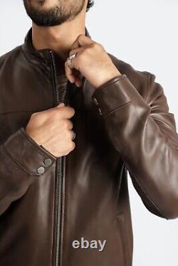 Veste en cuir brun pour homme, style motard en cuir d'agneau, coupe ajustée, veste élégante.