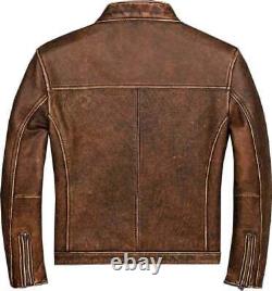 Veste en cuir de motard vintage brun pour homme, style café racer, usée