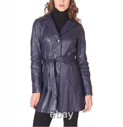 Veste en cuir manteau blazer long taille femmes bleu motard dames trench 19