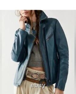 Veste en cuir moto Cora de Free People taille XS bleue neuve étiquetée 498 $