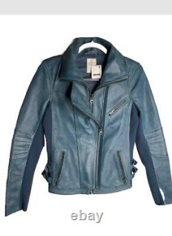 Veste en cuir moto Cora de Free People taille XS bleue neuve étiquetée 498 $