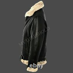 Veste en cuir noir pour homme en peau de mouton véritable avec fourrure d'aviateur B3 Bomber